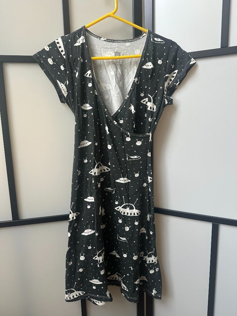 Winter Water Factory Wrap Dress Womens XS Black Organic Cotton Space Print